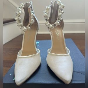 Betsy Johnson Ellah Ivory Heels, Satin Rhinestone Pearl Strap Bridal Pumps